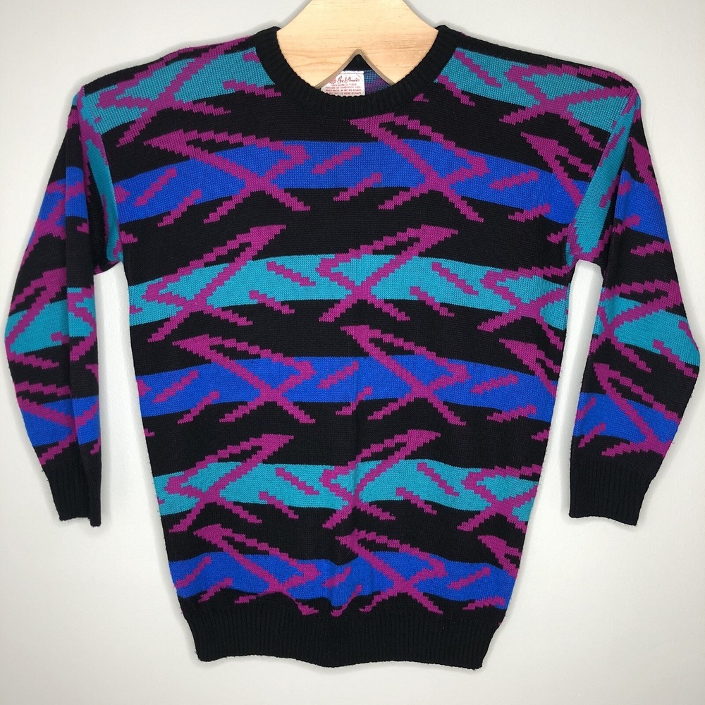 Vtg Bel Ami Multi Color Geometric Long Sleeve‎ Crew Neck Grandpa Sweater 80s
